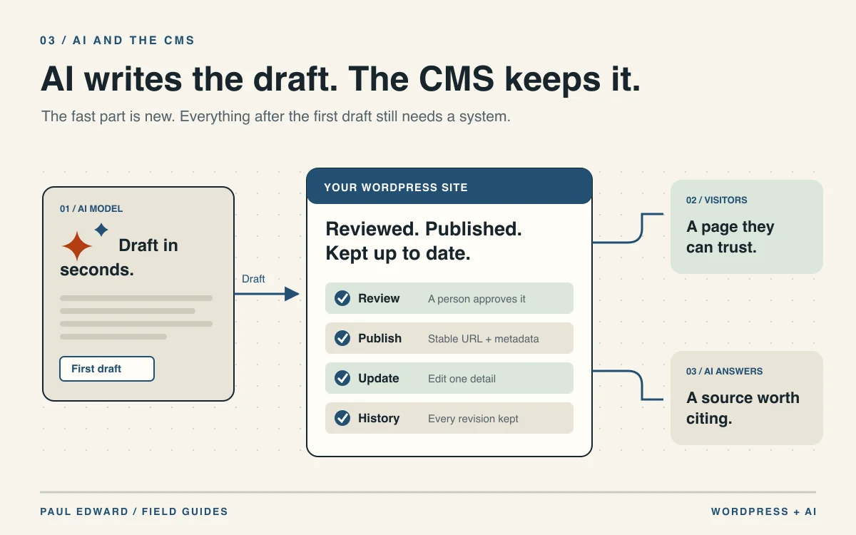 An AI-drafted page passes through review, publishing and revision history inside a WordPress content system before it reaches the website.