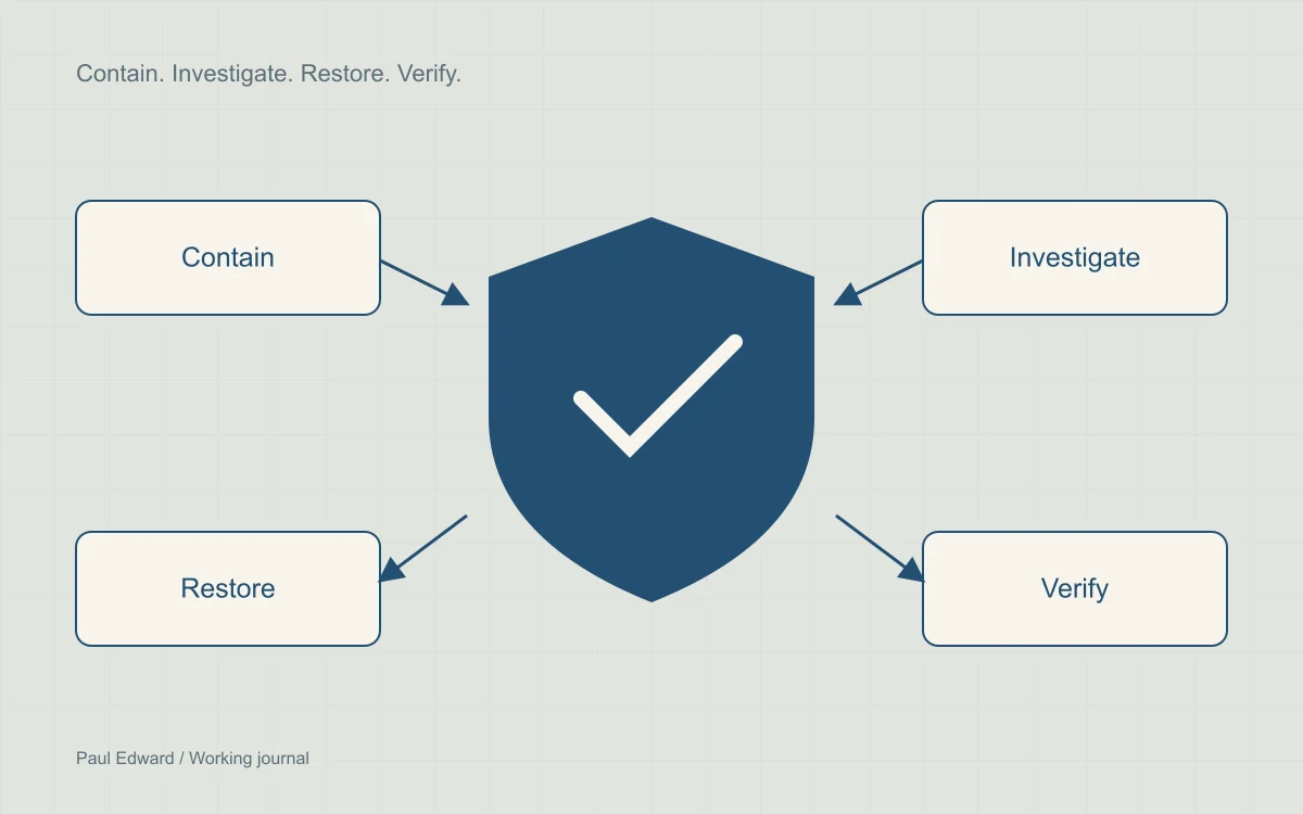 A shield surrounded by four stages of incident recovery