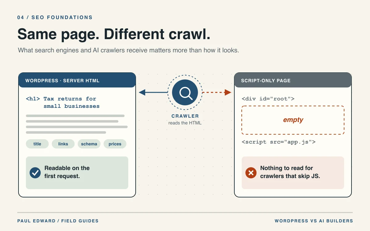 Side by side, a server-rendered WordPress page delivers readable content to crawlers while a script-only page delivers an empty container.